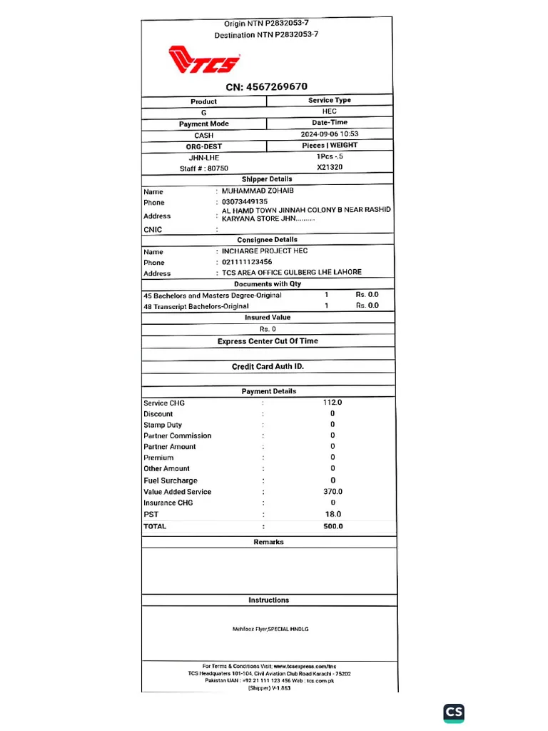 TCS booking receipt showing CN number at the top