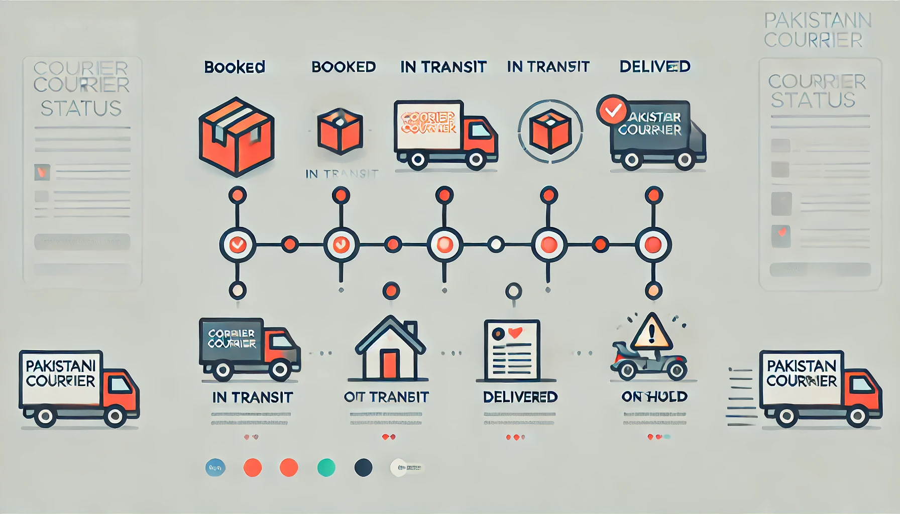 Illustrated courier tracking status timeline showing stages from Booked to Delivered