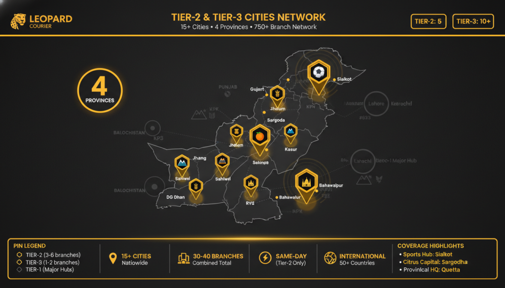 Leopard Courier Tier-2 and Tier-3 cities coverage map showing 15-plus branch locations across Pakistan including Sialkot, Quetta, Sargodha, Bahawalpur, Jhelum, Attock, DG Khan, Rahim Yar Khan, Jhang, Mansehra, Gujrat, Kasur, Sahiwal, and Mardan with tiered pin system indicating zonal hubs and express centers on dark cartographic Pakistan map with Leopard courier gold and black branding