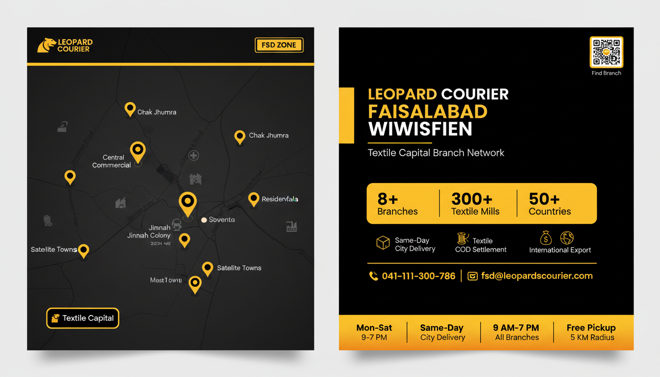 "Leopard Courier Faisalabad branch network map showing 8+ locations across Central Commercial District, Industrial Corridors, Residential areas, and Satellite Towns, serving Pakistan's textile capital with same-day delivery and export services"
