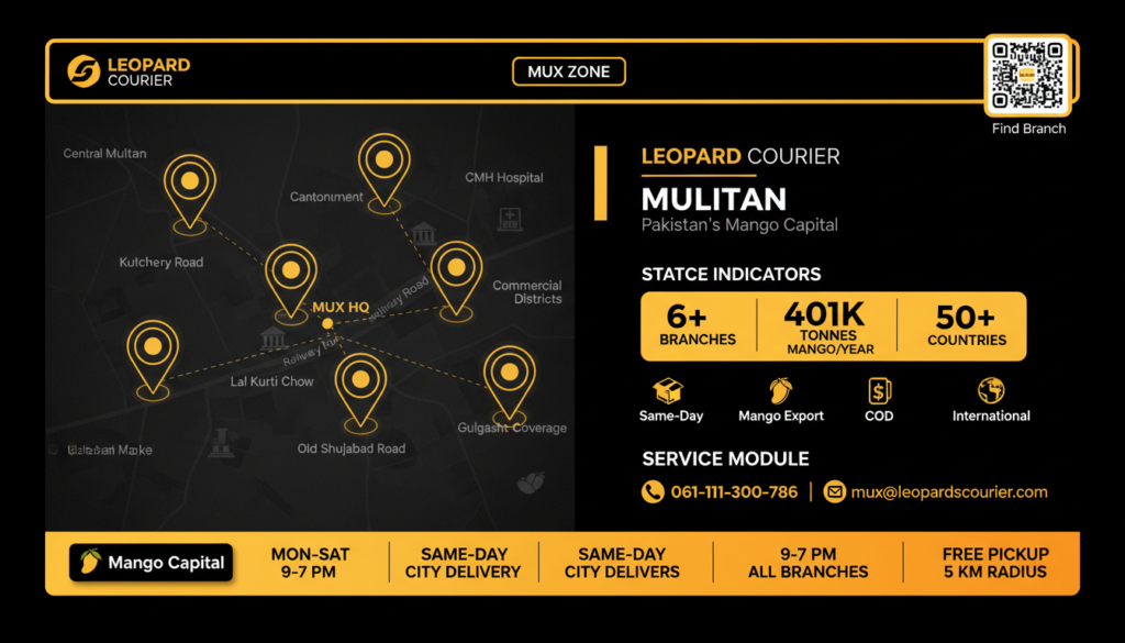 "Leopard Courier Multan branch network map showing 6+ locations across Central Multan (Railway Road MUX Zonal Office), Cantonment Area (Lal Kurti Chowk near CMH), Commercial Districts (Gulshan Market, Kutchery Road), and Residential Coverage (Gulgasht Colony, Model Town), serving Pakistan's Mango Capital with 401,762 tonnes annual production, same-day city delivery, and international shipping to 50+ countries including specialized mango export logistics during May-August peak season"