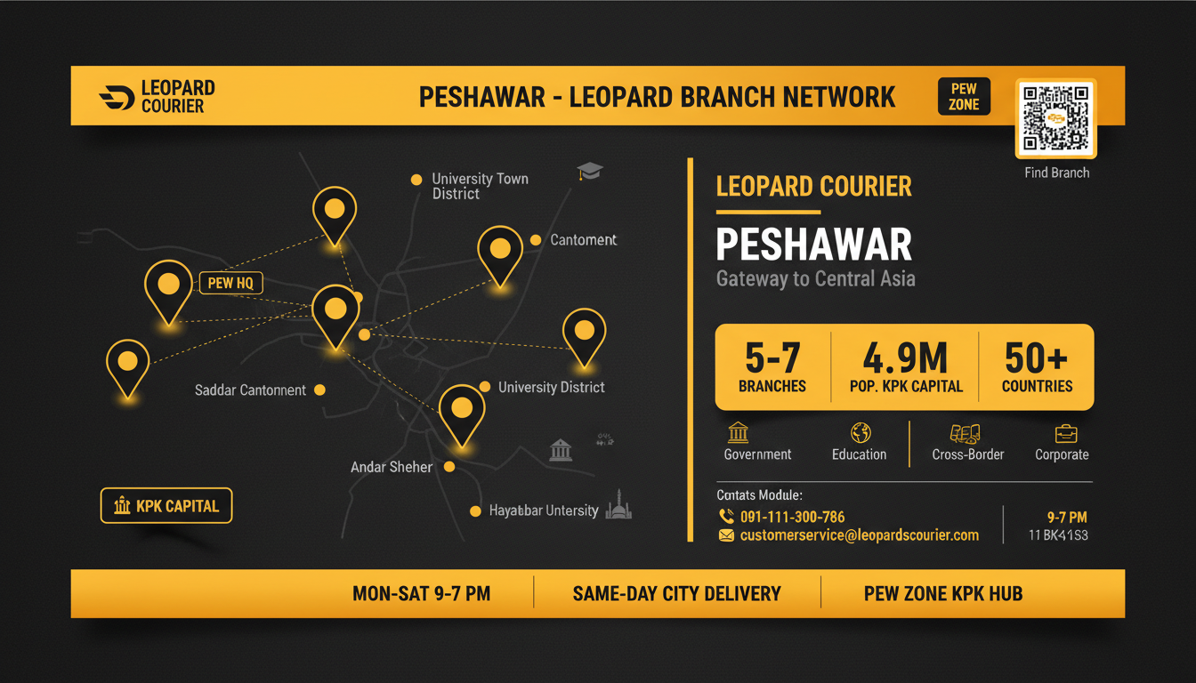 Leopard Courier Peshawar branch network map showing 5-7 locations across KPK provincial capital including Ring Road PEW Zonal Office (provincial hub), Cantonment & Saddar (military/government district), University Town (educational corridor near Khyber Teaching Hospital), Hayatabad western suburb (Phases 1-7), and Andar Sheher old city traditional markets, serving 4.9 million population with government documentation services, educational institution support, cross-border Afghan corridor trade logistics, same-day city delivery, and international shipping to 50+ countries