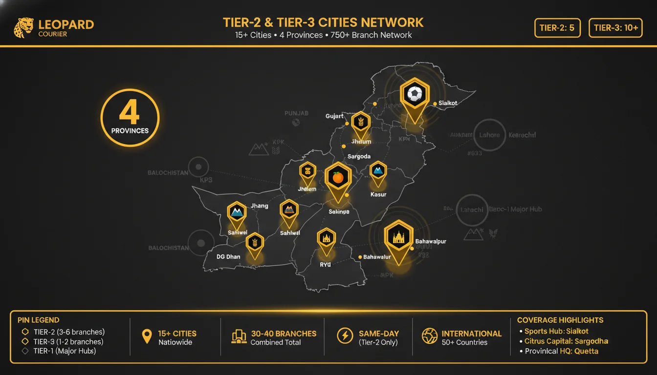 Leopard Courier Tier-2 and Tier-3 cities coverage map showing 15-plus branch locations across Pakistan including Sialkot, Quetta, Sargodha, Bahawalpur, Jhelum, Attock, DG Khan, Rahim Yar Khan, Jhang, Mansehra, Gujrat, Kasur, Sahiwal, and Mardan with tiered pin system indicating zonal hubs and express centers on dark cartographic Pakistan map with Leopard courier gold and black branding